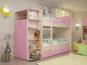 Кровать Мая двухъярусная с ящиками и шкафом Млечный дуб/Розовый в Липецке - lipeck.katalogmebeli.com | фото