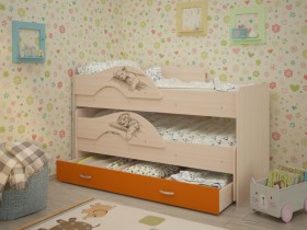 Кровать выкатная Радуга-Сафари детская 1600 Млечный дуб/Оранжевый в Липецке - lipeck.katalogmebeli.com | фото
